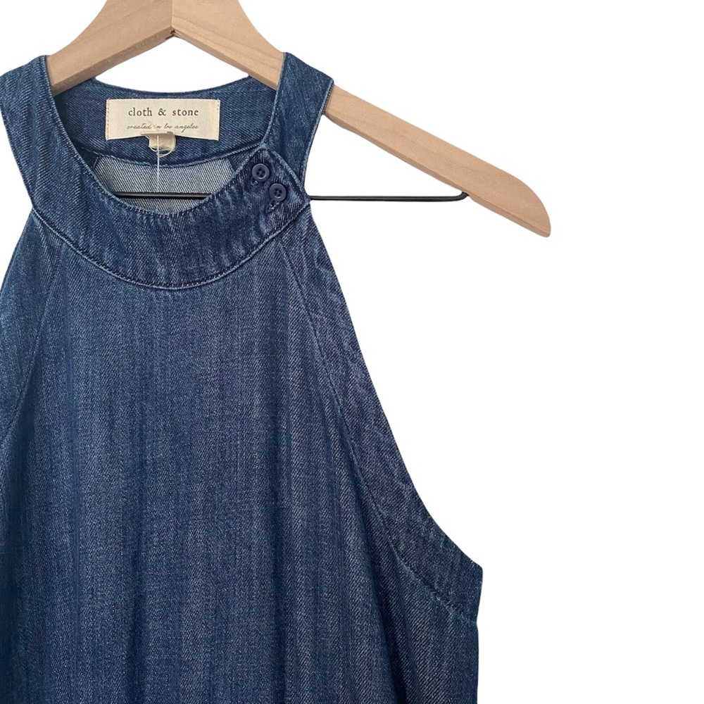Cloth & Stone Bella Dahl Denim Wide Leg Jumpsuit Raw Hem High Neck Halter Romper - Picture 5 of 15
